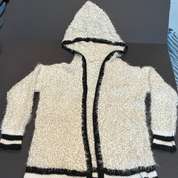 Hem & Thread Sweaters - Hem & Thread Textured Hooded Cardigan Cream Black Striped Trim Size M